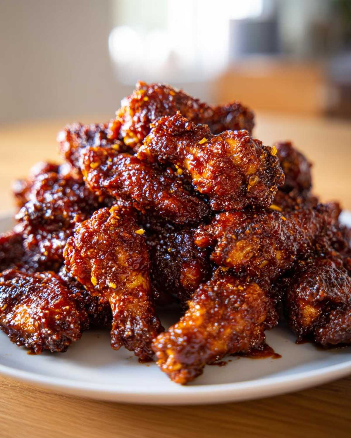 A large pile of oven-baked Sticky BBQ Chicken Wings coated in a thick, glossy, dark sauce, served on a white plate.