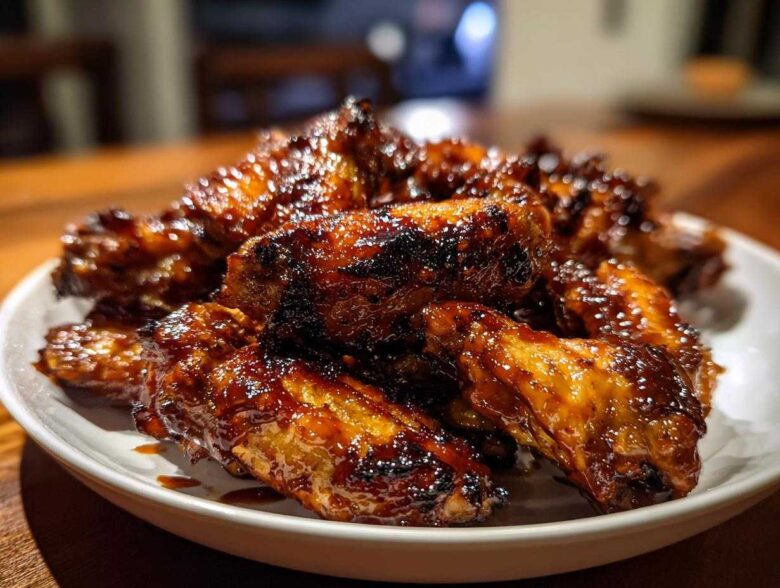 A close-up of a white bowl piled high with Sticky BBQ Chicken Wings Crispy Oven Style, coated in a dark, glossy sauce.
