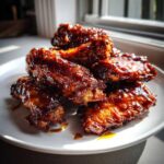 A pile of perfectly cooked Sticky BBQ Chicken Wings with Honey Glaze glistening under natural light on a white plate.