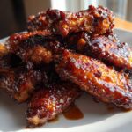 A pile of glistening, dark brown Sticky BBQ Chicken Wings with Honey Glaze served on a white plate.