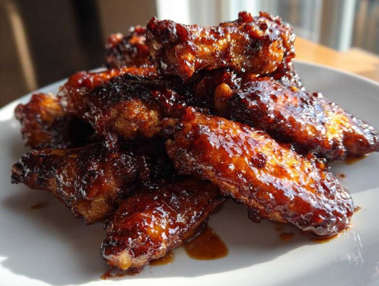 A pile of glistening, dark brown Sticky BBQ Chicken Wings with Honey Glaze served on a white plate.