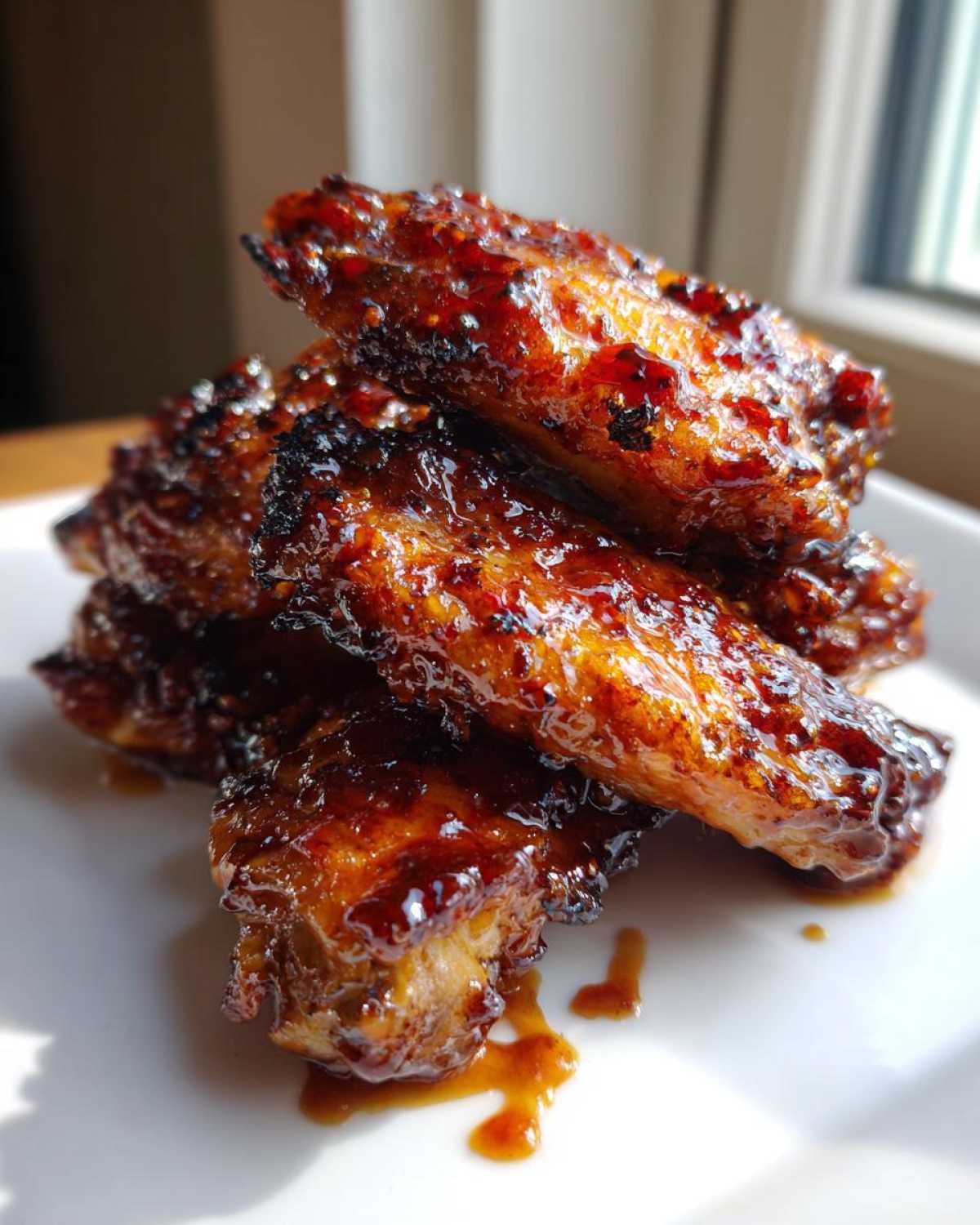 A stack of perfectly cooked Sticky BBQ Chicken Wings with Honey Glaze, glistening under bright light.