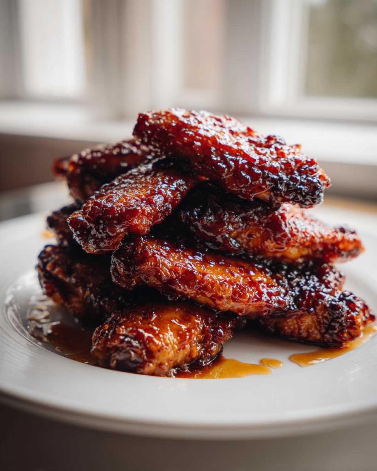 A close-up stack of glistening Sticky BBQ Chicken Wings with Honey Glaze piled high on a white plate.