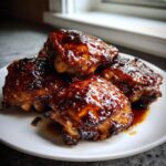 Close-up of four Sticky Honey Soy Chicken Thighs with Garlic, coated in a thick, glossy, dark glaze.