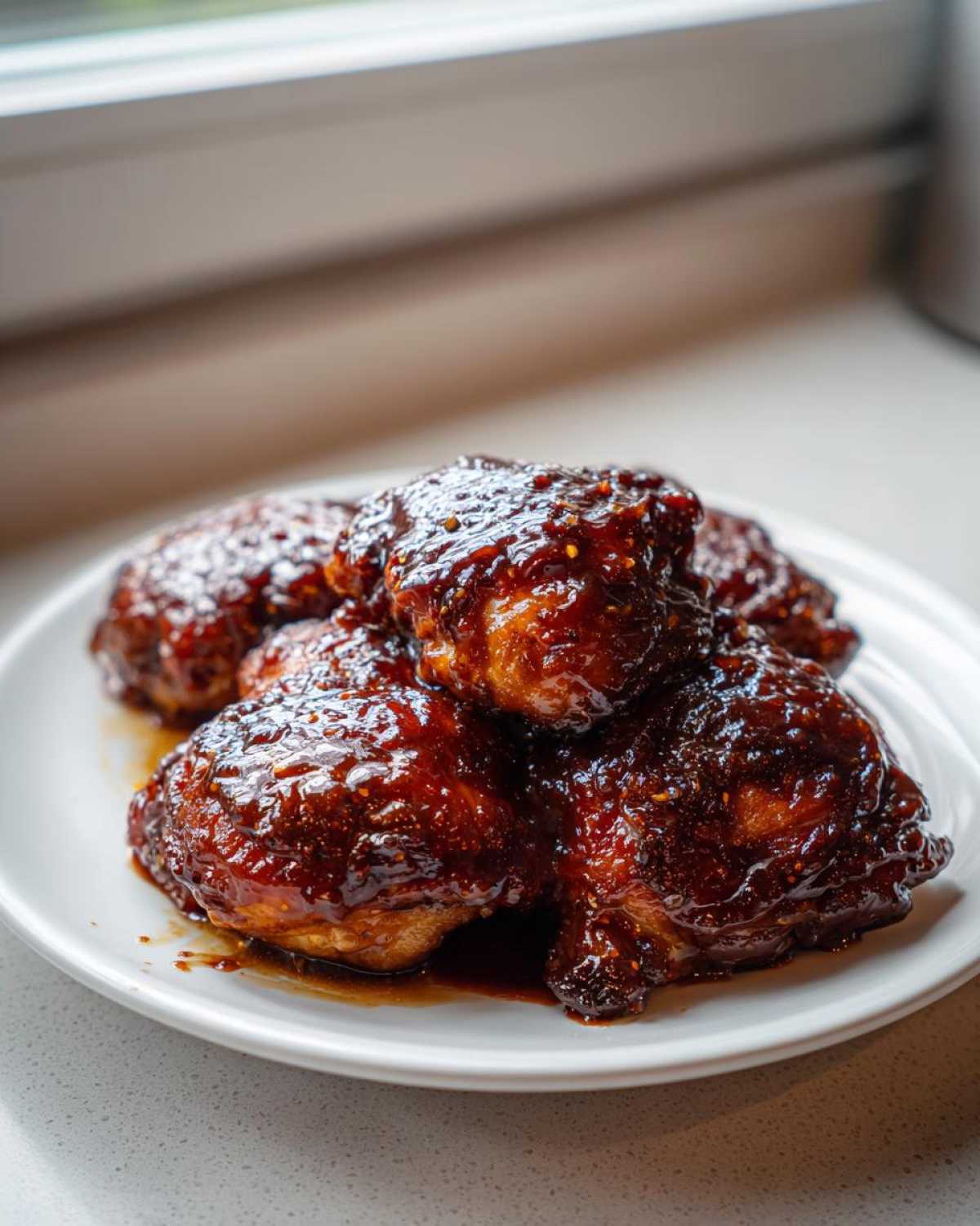 Close-up of four glazed Sticky Honey Soy Chicken Thighs with Garlic piled on a white plate.