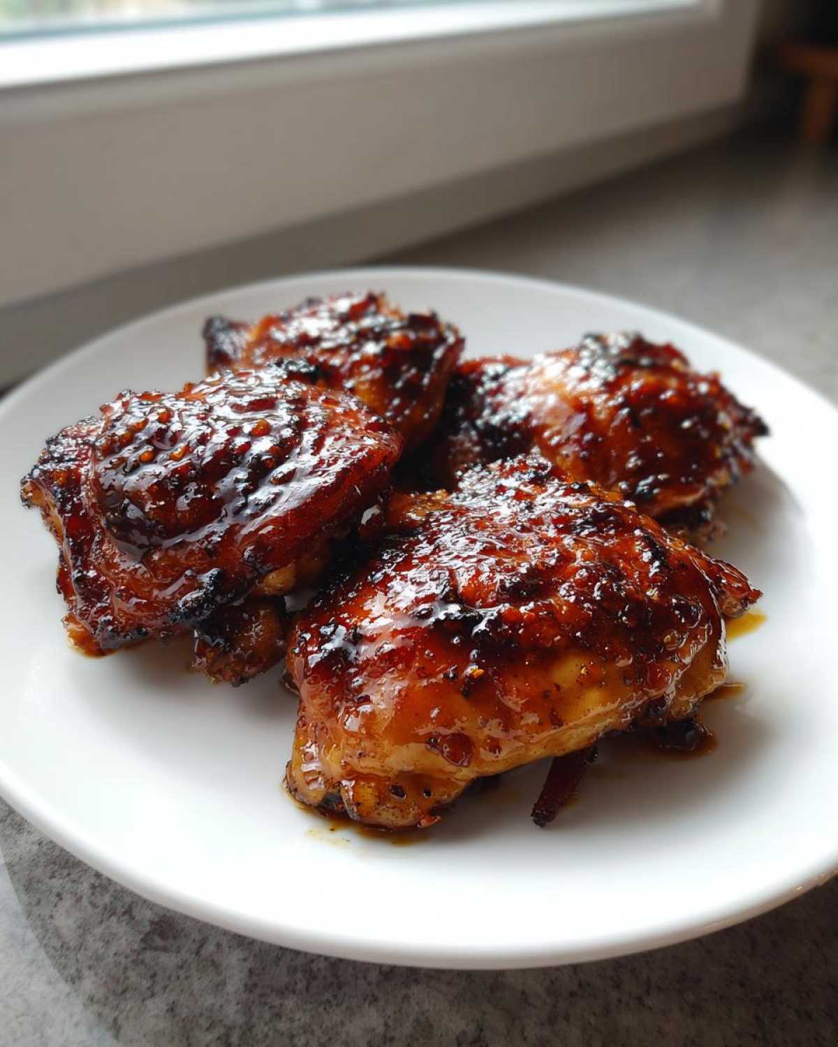 Four pieces of Sticky Honey Soy Chicken Thighs with Garlic, glistening with a dark, caramelized glaze on a white plate.