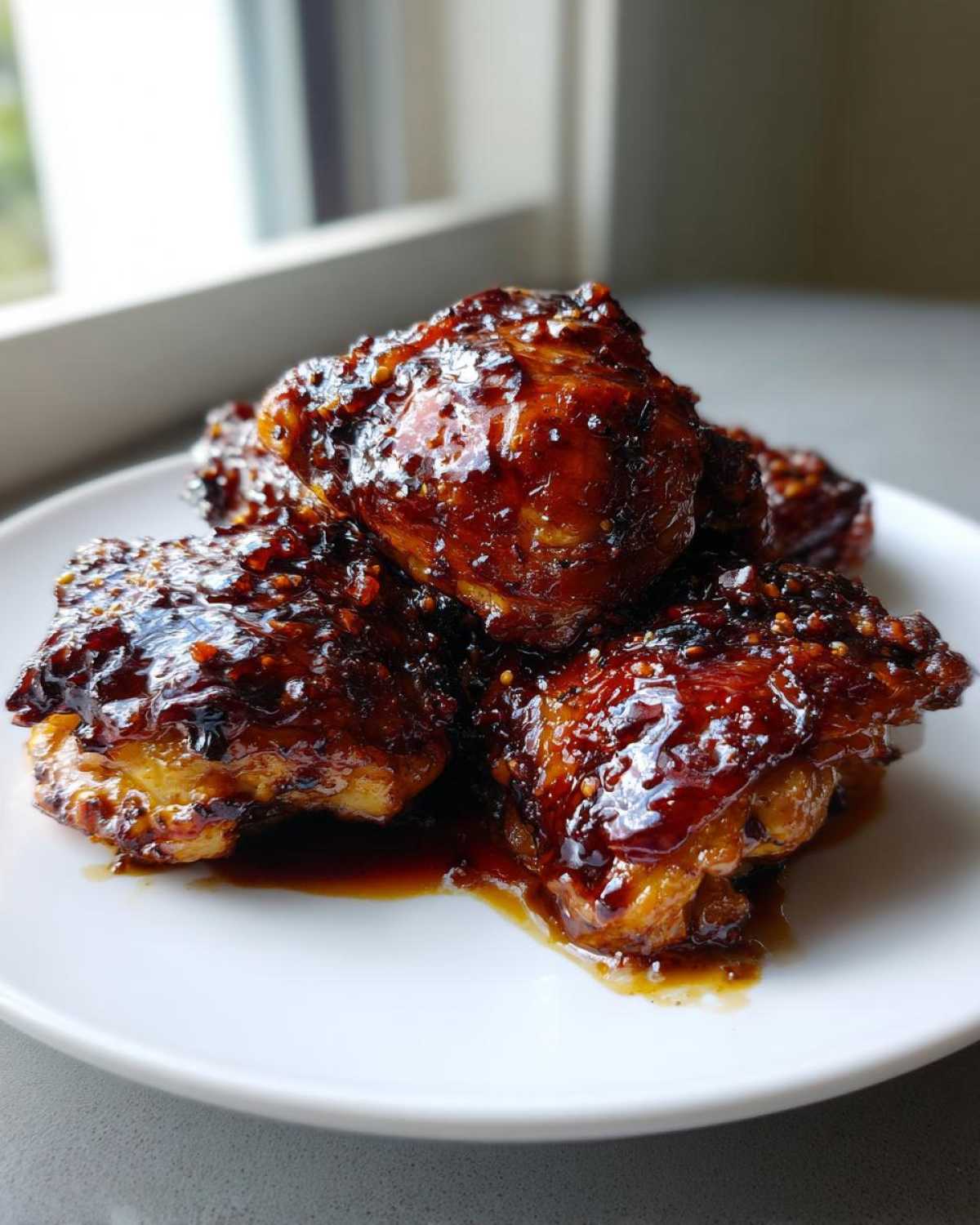 Close-up of several Sticky Honey Soy Chicken Thighs with Garlic coated in a thick, dark, glossy glaze.