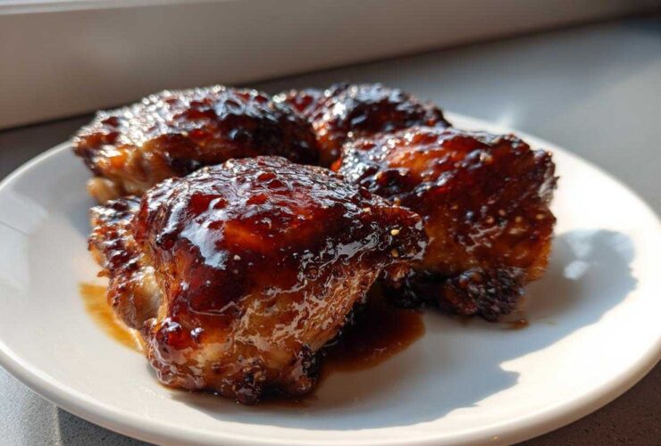 Four pieces of Sticky Honey Soy Chicken Thighs with Garlic, coated in a thick, glossy, dark brown glaze, served on a white plate.