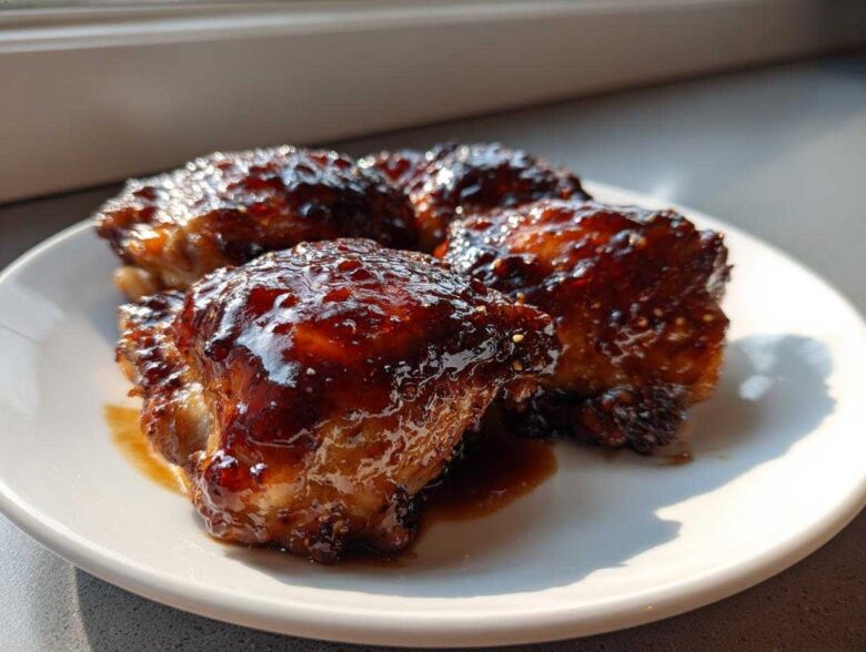 Four pieces of Sticky Honey Soy Chicken Thighs with Garlic, coated in a thick, glossy, dark brown glaze, served on a white plate.