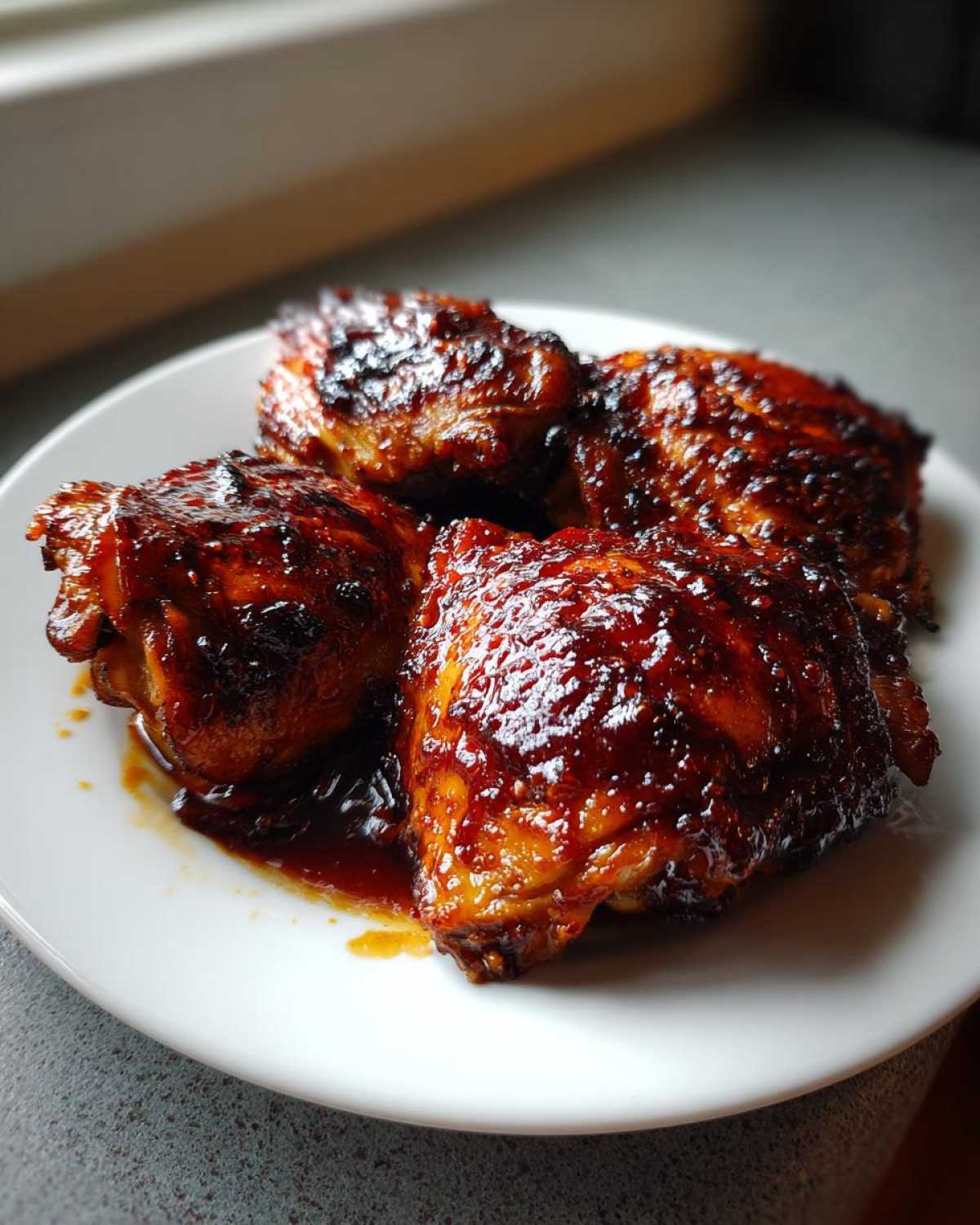 Four pieces of Sticky Honey Soy Chicken Thighs with Garlic, glazed dark and shiny on a white plate.