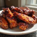 Close-up of sticky and crispy Honey Sriracha Chicken Wings piled on a white plate, glistening under natural light.