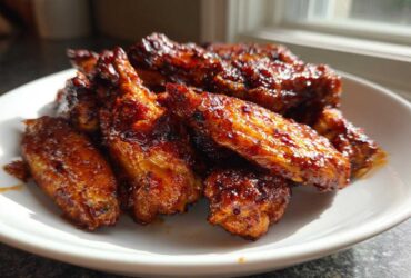 Close-up of sticky and crispy Honey Sriracha Chicken Wings piled on a white plate, glistening under natural light.