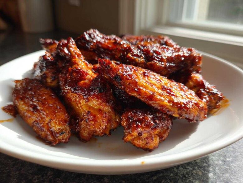 Close-up of sticky and crispy Honey Sriracha Chicken Wings piled on a white plate, glistening under natural light.