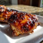 Close-up of a perfectly glazed, caramelized Sticky Orange Chicken Thighs piece on a white platter.