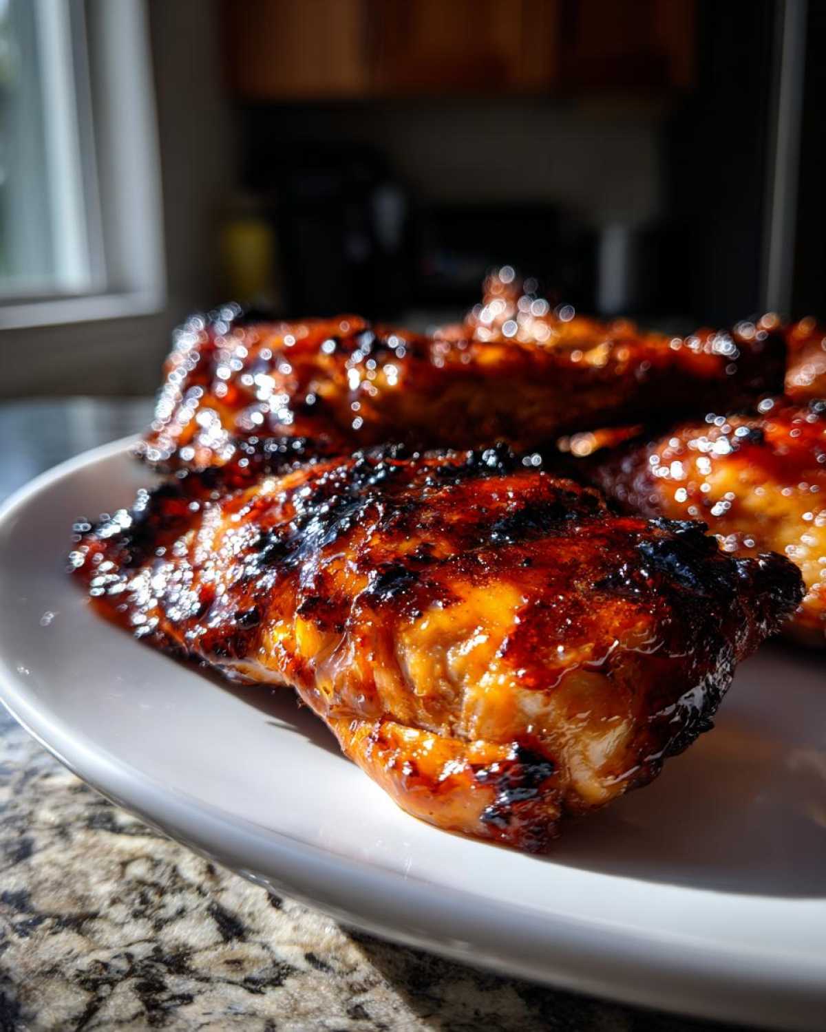 Close-up of perfectly caramelized, glazed Sticky Orange Chicken Thighs resting on a white plate.