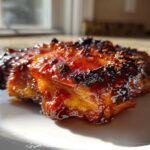 A single piece of Sticky Orange Chicken Thighs, perfectly glazed and slightly charred, resting on a white plate.