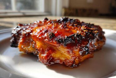 A single piece of Sticky Orange Chicken Thighs, perfectly glazed and slightly charred, resting on a white plate.