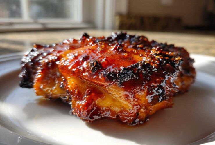 A single piece of Sticky Orange Chicken Thighs, perfectly glazed and slightly charred, resting on a white plate.