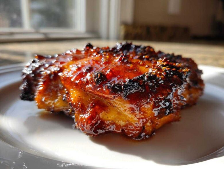 A single piece of Sticky Orange Chicken Thighs, perfectly glazed and slightly charred, resting on a white plate.