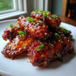 A pile of Sticky Orange Chicken Wings with Honey Glaze, glistening with sauce and topped with sesame seeds and green onions.