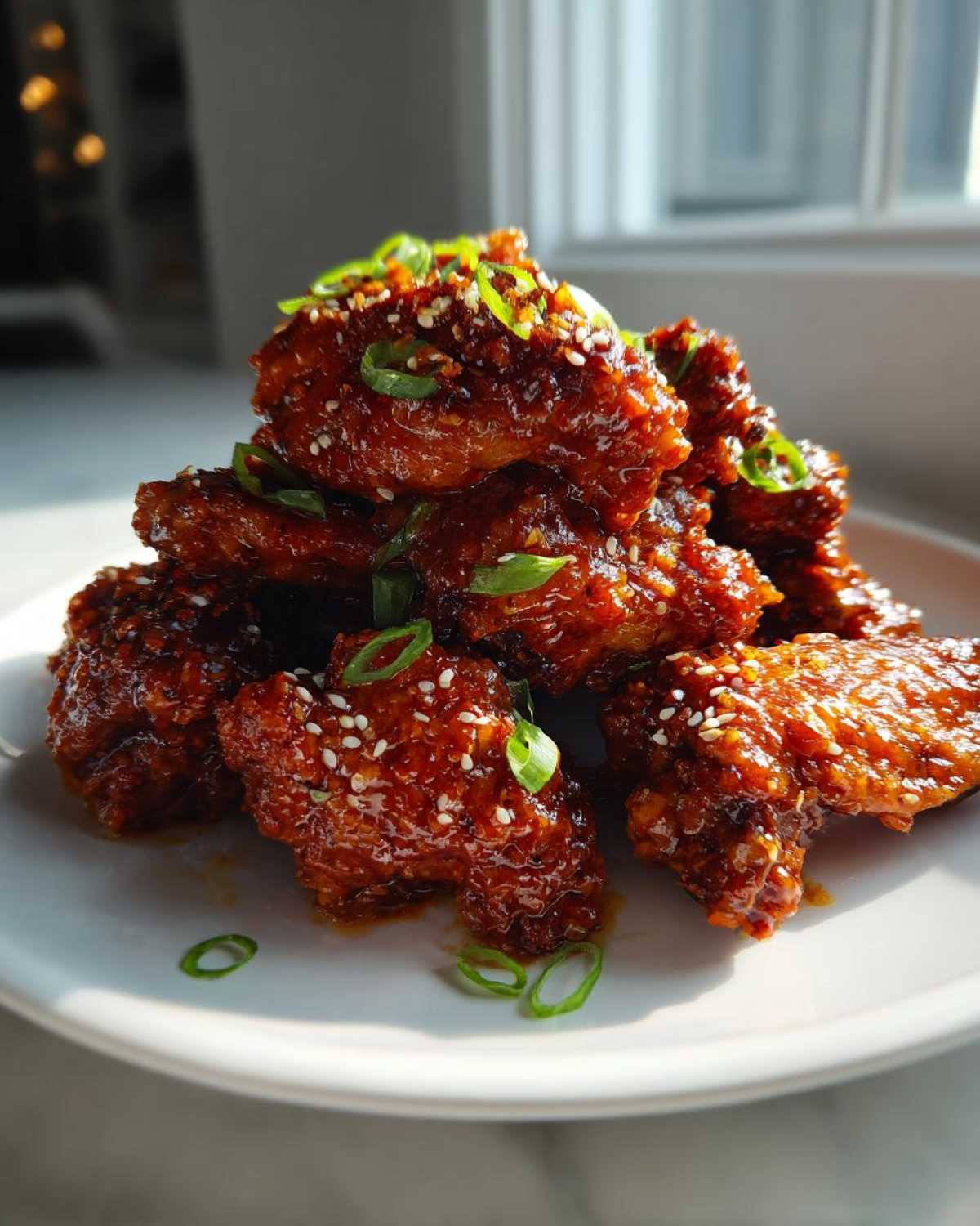 A pile of Sticky Orange Chicken Wings with Honey Glaze, garnished with sesame seeds and green onions, on a white plate.