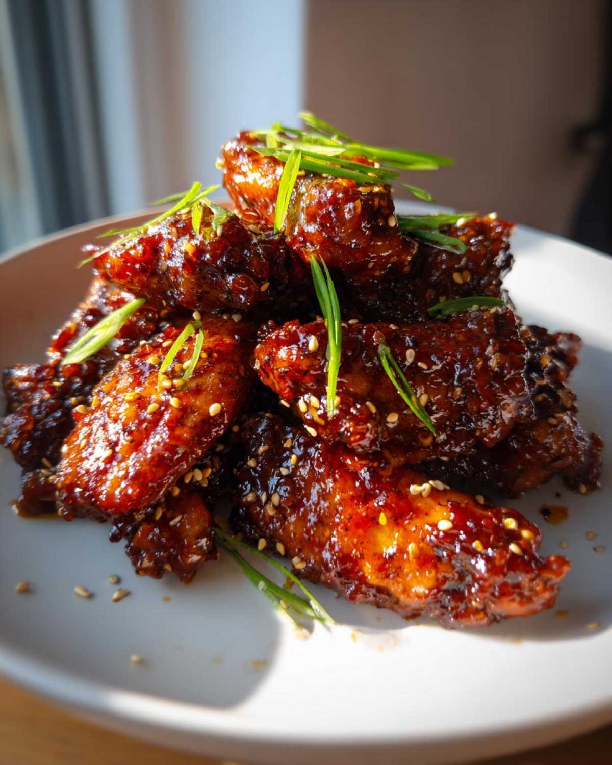 A pile of glistening Sticky Orange Chicken Wings with Honey Glaze, garnished with sesame seeds and green onions on a white plate.