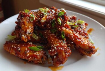 A plate piled high with Sticky Orange Chicken Wings with Honey Glaze, coated in a shiny sauce and sprinkled with sesame seeds and green onions.
