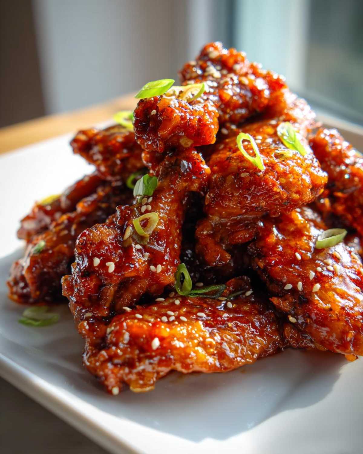 Close-up of a pile of Sticky Orange Chicken Wings with Honey Glaze, garnished with sesame seeds and green onions.