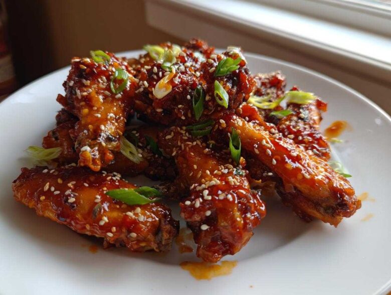 A plate piled high with Sticky Orange Chicken Wings with Honey Glaze, coated in a shiny sauce and sprinkled with sesame seeds and green onions.