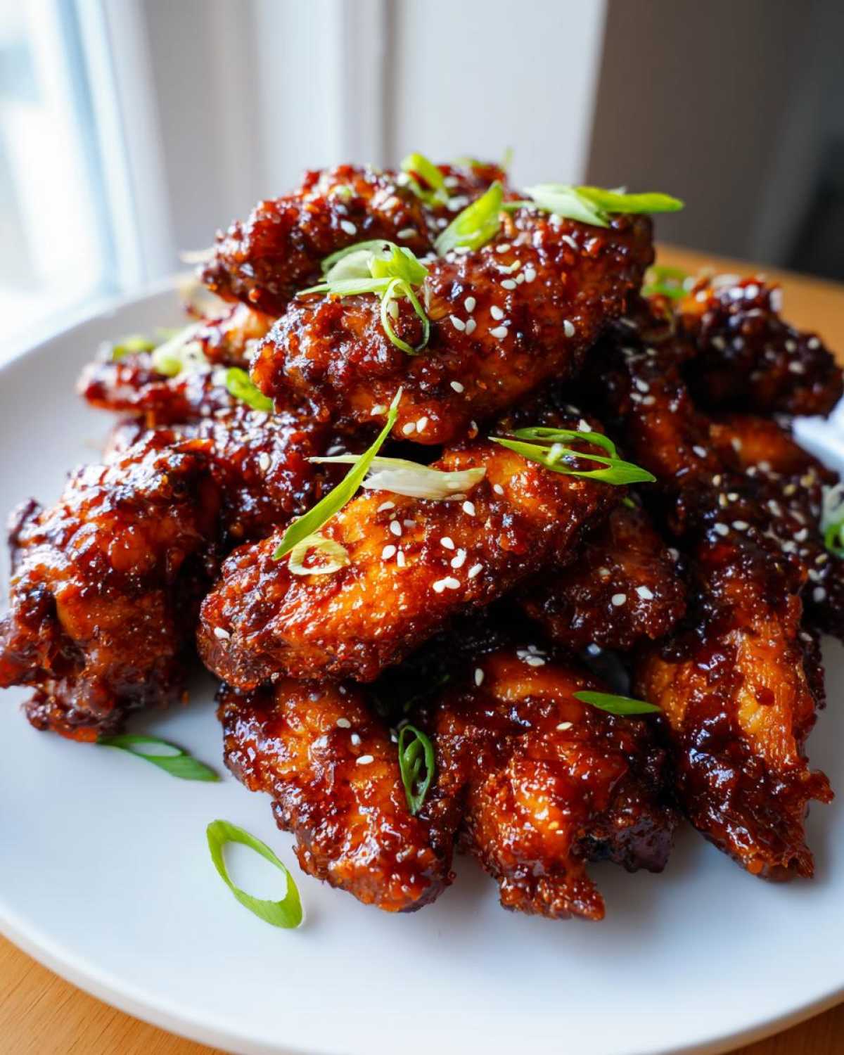 A close-up of a mound of Sticky Orange Chicken Wings with Honey Glaze, garnished with sesame seeds and sliced green onions.