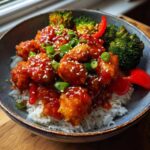 Close-up of a Sticky Sweet Chili Chicken Bowl featuring crispy chicken coated in glossy sauce over white rice, topped with sesame seeds and green onions.