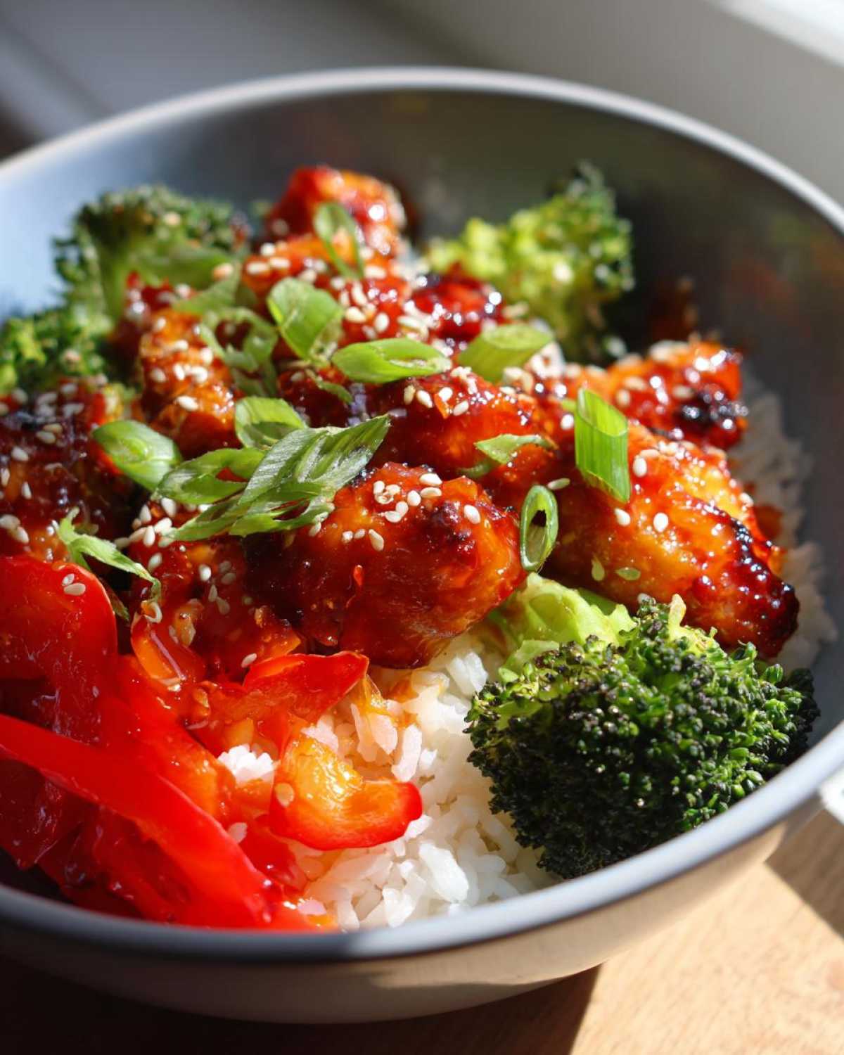 Close-up of a Sticky Sweet Chili Chicken Bowl with rice, broccoli, red peppers, and sesame seeds.