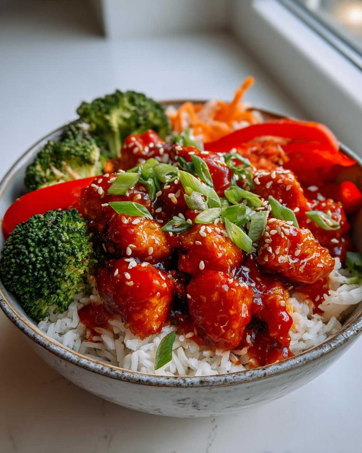 A close-up of a Sticky Sweet Chili Chicken Bowl featuring glazed chicken pieces over white rice, topped with sesame seeds and green onions, beside broccoli and peppers.
