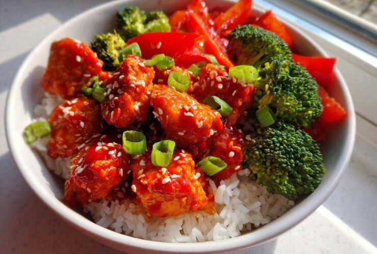 Close-up of a Sticky Sweet Chili Chicken Bowl with rice, bright red sauce, broccoli, and sesame seeds.