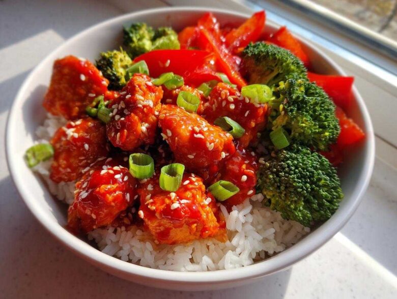 Close-up of a Sticky Sweet Chili Chicken Bowl with rice, bright red sauce, broccoli, and sesame seeds.
