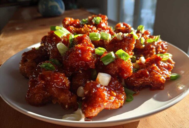 Close-up of Sticky Sweet Chili Chicken Easy Recipe pieces glistening with sauce and topped with chopped green onions.