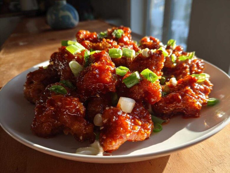 Close-up of Sticky Sweet Chili Chicken Easy Recipe pieces glistening with sauce and topped with chopped green onions.