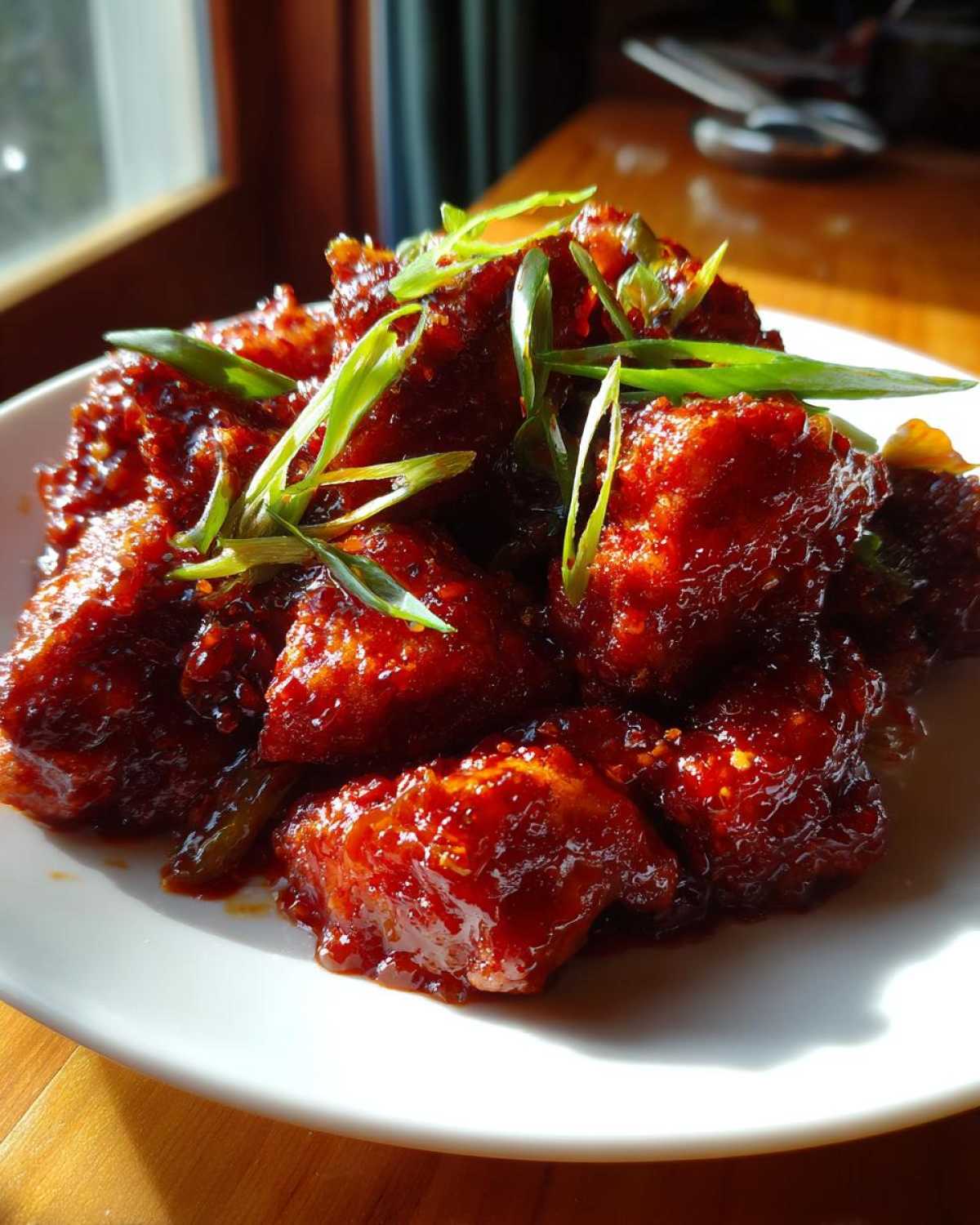 Close-up of glistening, saucy pieces of Sticky Sweet Chili Chicken Easy Recipe garnished with fresh green onions.