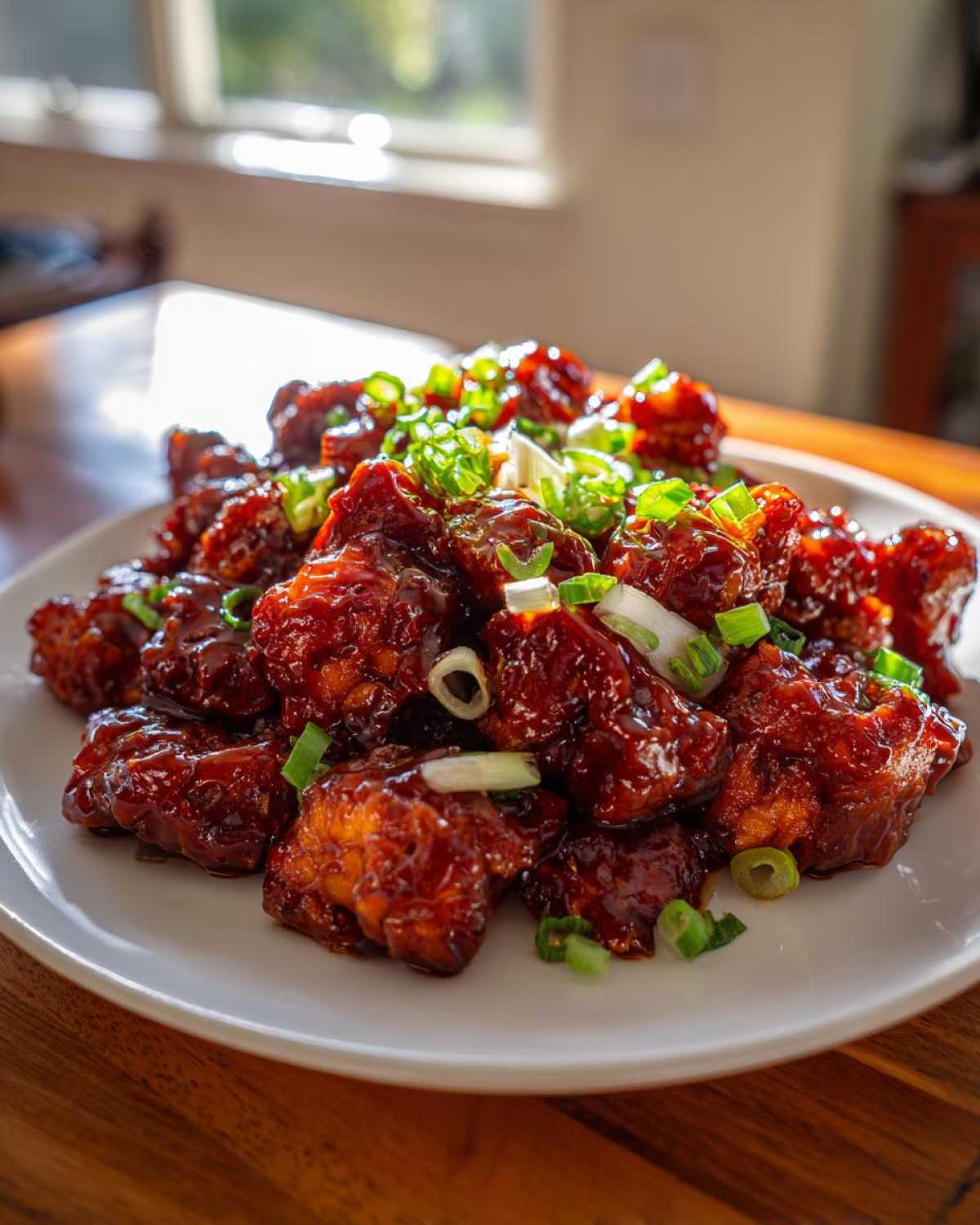 A plate piled high with saucy Sticky Sweet Chili Chicken Easy Recipe pieces, garnished with green onions.