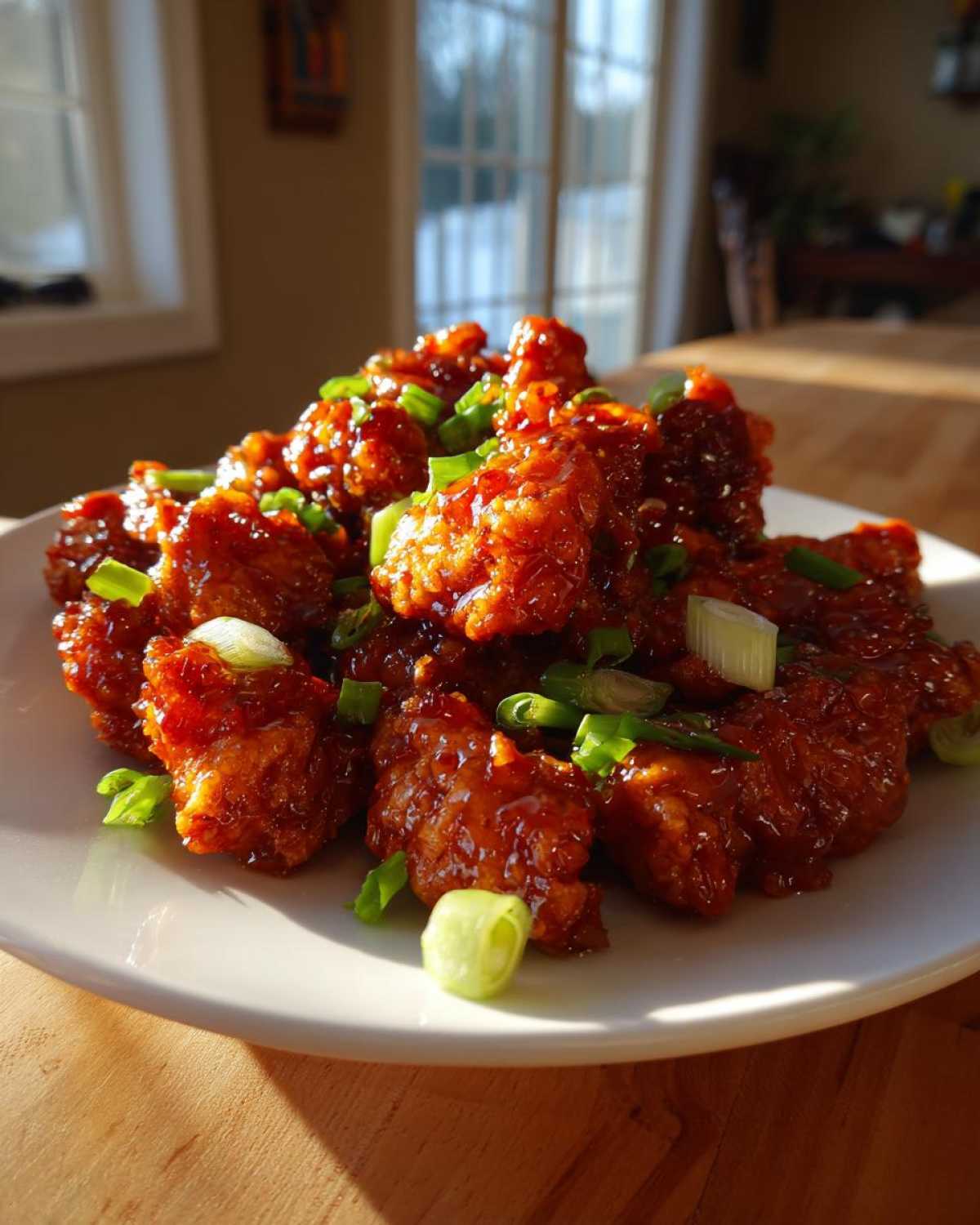 A plate piled high with glistening Sticky Sweet Chili Chicken Easy Recipe pieces, topped with sliced green onions.