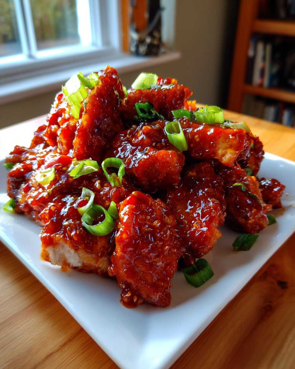 A pile of crispy chicken pieces coated in glossy sauce for Sticky Sweet Chili Chicken Easy Recipe, garnished with green onions.