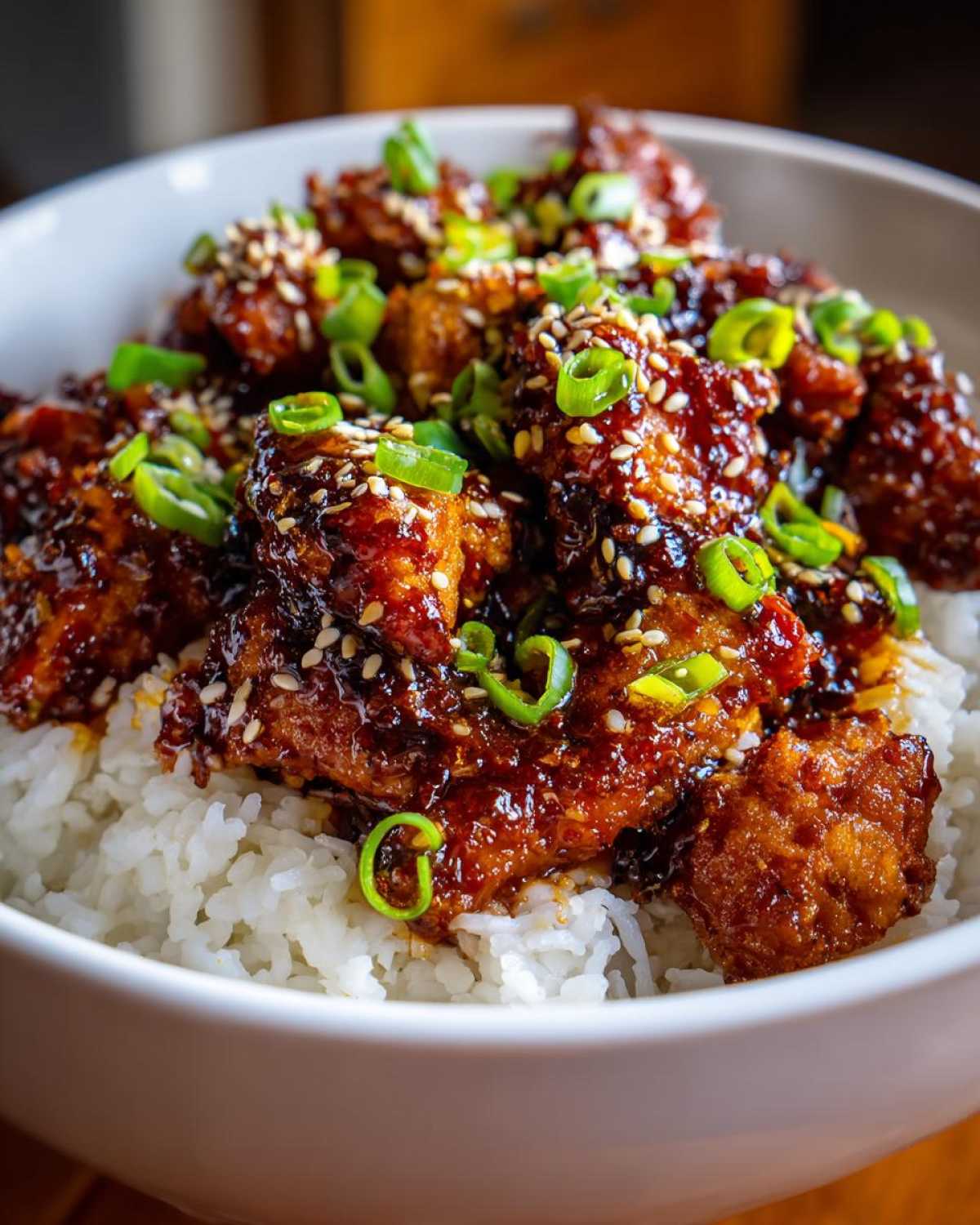 Close-up of Sticky Sweet Chili Chicken Skillet pieces coated in glossy sauce, served over white rice and topped with sesame seeds and green onions.