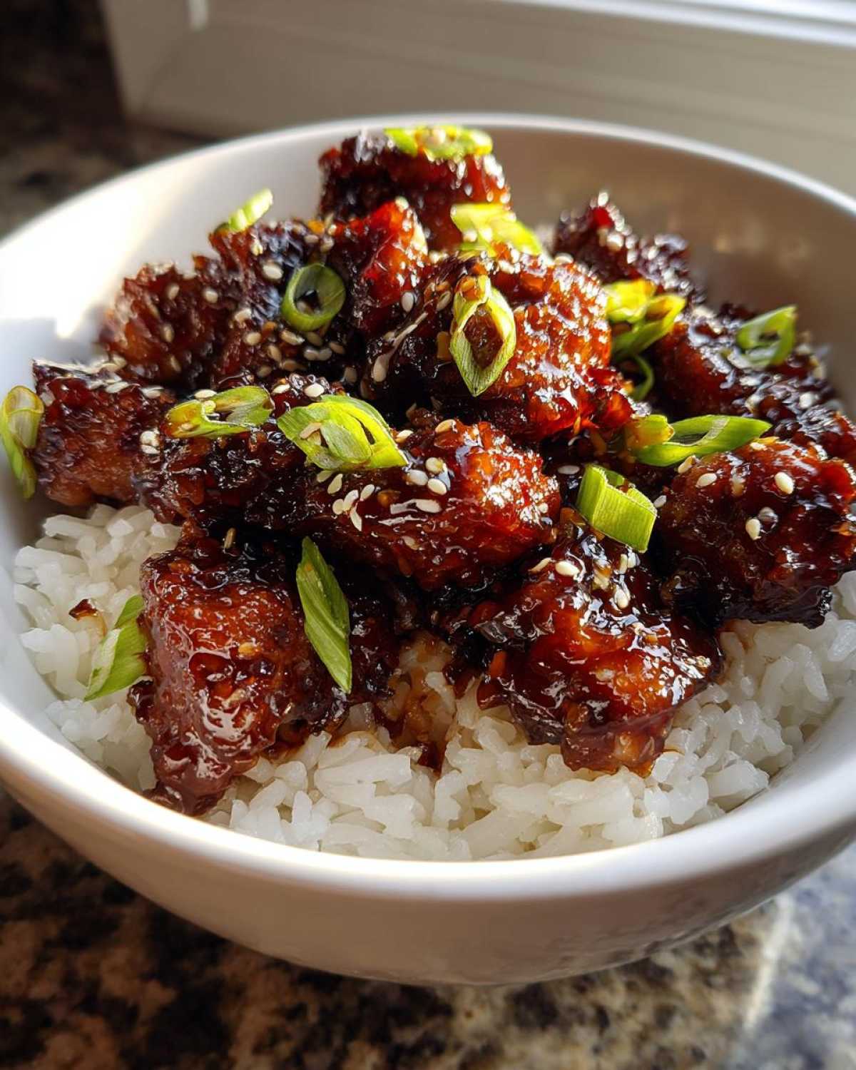 Close-up of Sticky Sweet Chili Chicken Skillet pieces coated in dark glaze, served over white rice and garnished with sesame seeds and green onions.