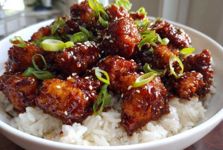Close-up of Sticky Sweet Chili Chicken Skillet pieces coated in glossy sauce, served over white rice and garnished with green onions and sesame seeds.