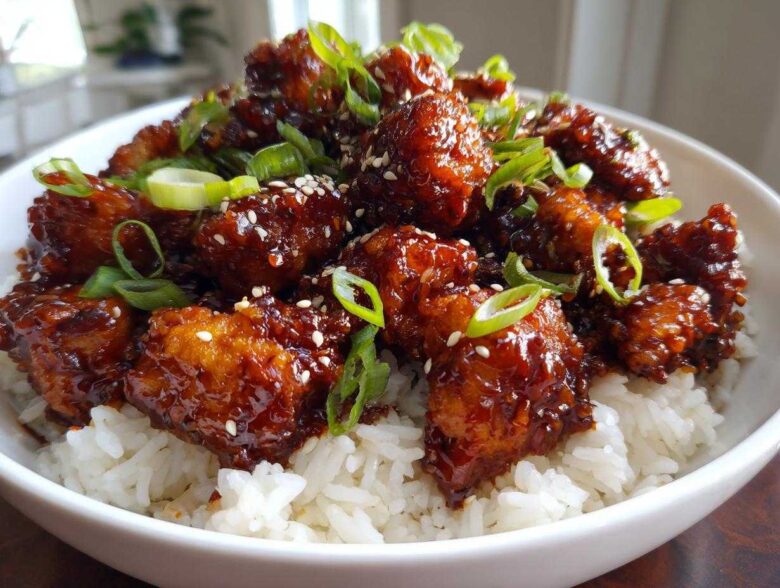 Close-up of Sticky Sweet Chili Chicken Skillet pieces coated in glossy sauce, served over white rice and garnished with green onions and sesame seeds.