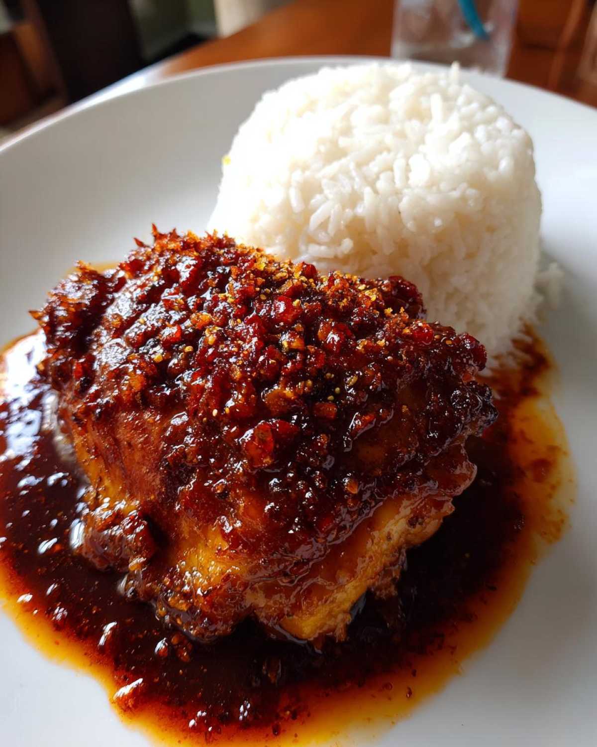 Close-up of Sticky Sweet Chili Chicken Thighs covered in a thick, dark red glaze, served next to a mound of white rice.