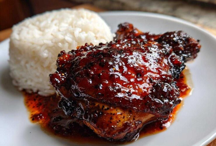 Close-up of a glazed Sticky Sweet Chili Chicken Thighs served next to a mound of fluffy white rice on a white plate.