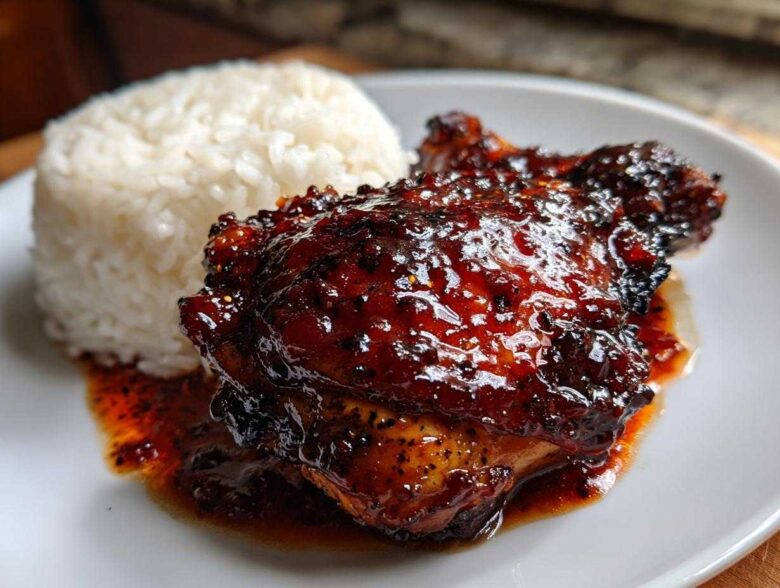 Close-up of a glazed Sticky Sweet Chili Chicken Thighs served next to a mound of fluffy white rice on a white plate.