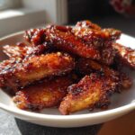 A close-up of glistening Sticky Sweet Chili Chicken Wings Oven Baked piled high in a white bowl, catching the sunlight.