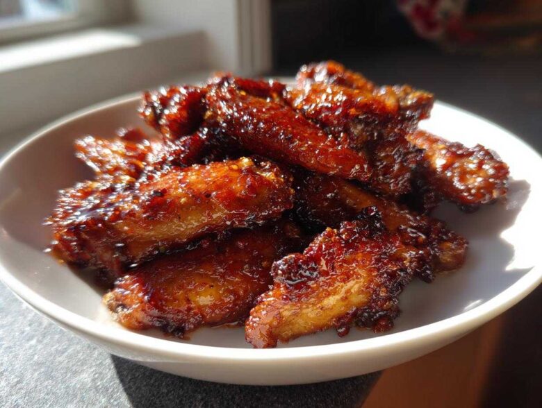 A close-up of glistening Sticky Sweet Chili Chicken Wings Oven Baked piled high in a white bowl, catching the sunlight.